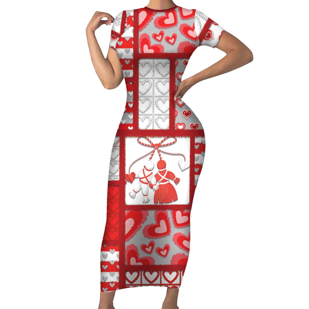 Personalized Romania Valentine's Day Short Sleeve Bodycon Dress Martenitsi With Hearts Knitting Effect