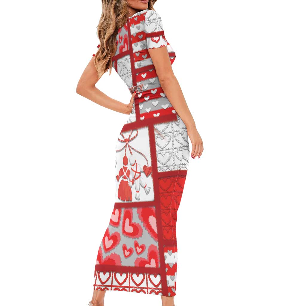 Personalized Romania Valentine's Day Short Sleeve Bodycon Dress Martenitsi With Hearts Knitting Effect
