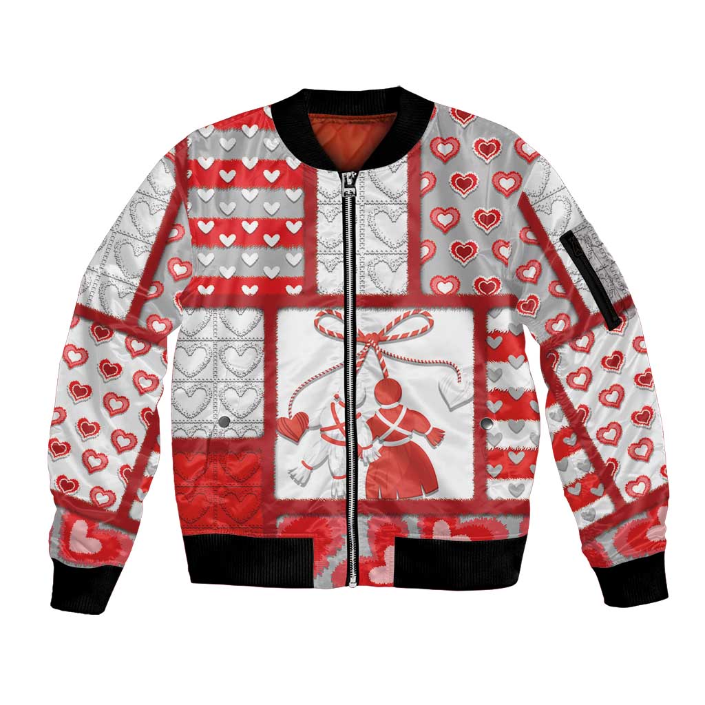 Personalized Romania Valentine's Day Sleeve Zip Bomber Jacket Martenitsi With Hearts Knitting Effect