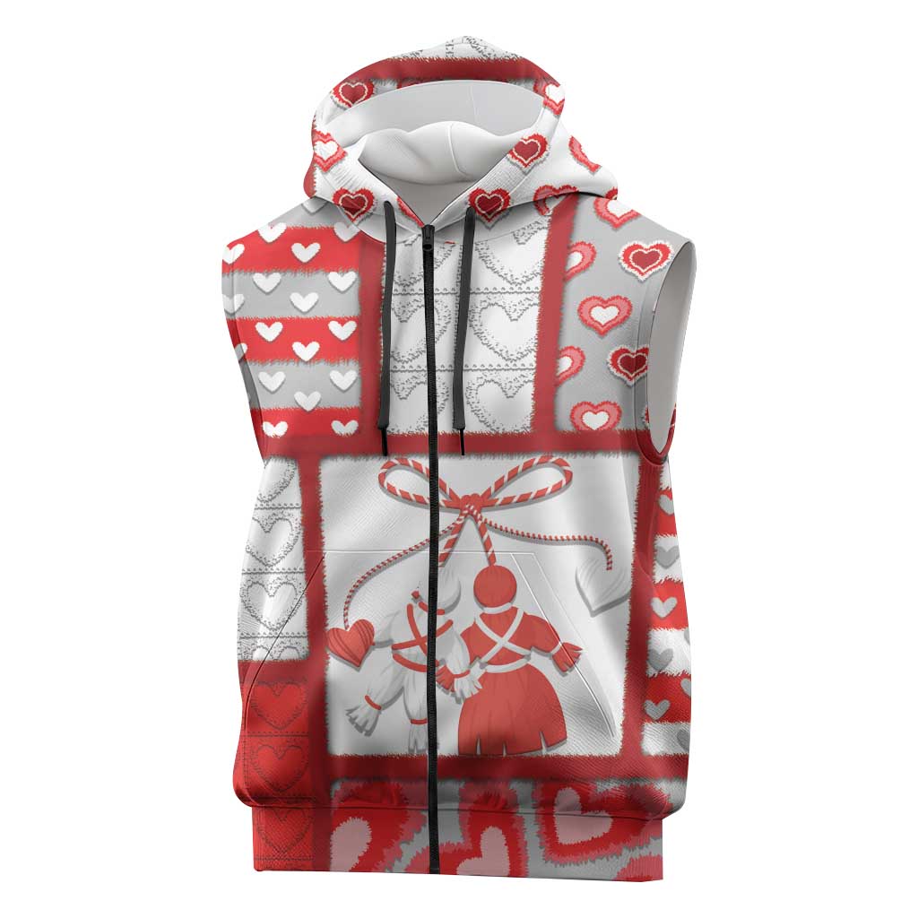 Personalized Romania Valentine's Day Sleeveless Zip Hoodie Martenitsi With Hearts Knitting Effect