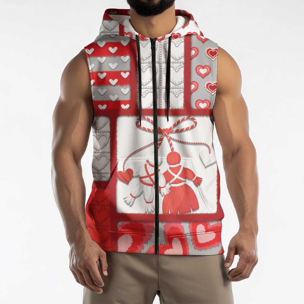 Personalized Romania Valentine's Day Sleeveless Zip Hoodie Martenitsi With Hearts Knitting Effect