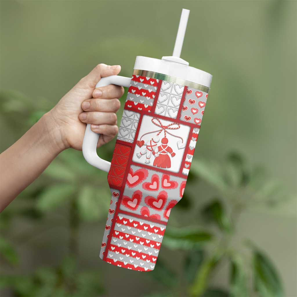 Personalized Romania Valentine's Day Tumbler With Handle Martenitsi With Hearts Knitting Effect