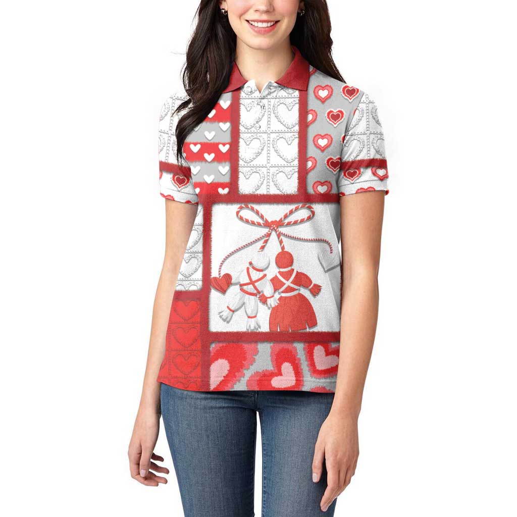 Personalized Romania Valentine's Day Women Polo Shirt Martenitsi With Hearts Knitting Effect