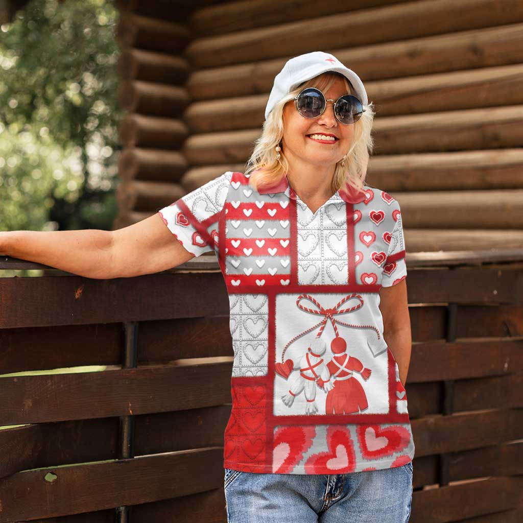 Personalized Romania Valentine's Day Women Polo Shirt Martenitsi With Hearts Knitting Effect