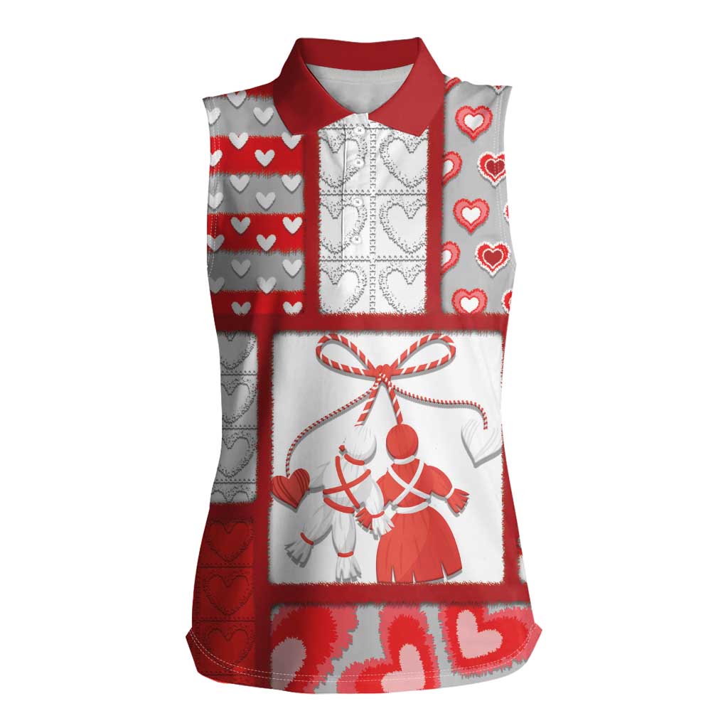 Personalized Romania Valentine's Day Women Sleeveless Polo Shirt Martenitsi With Hearts Knitting Effect