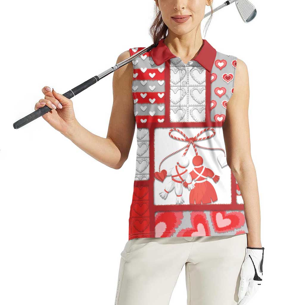 Personalized Romania Valentine's Day Women Sleeveless Polo Shirt Martenitsi With Hearts Knitting Effect