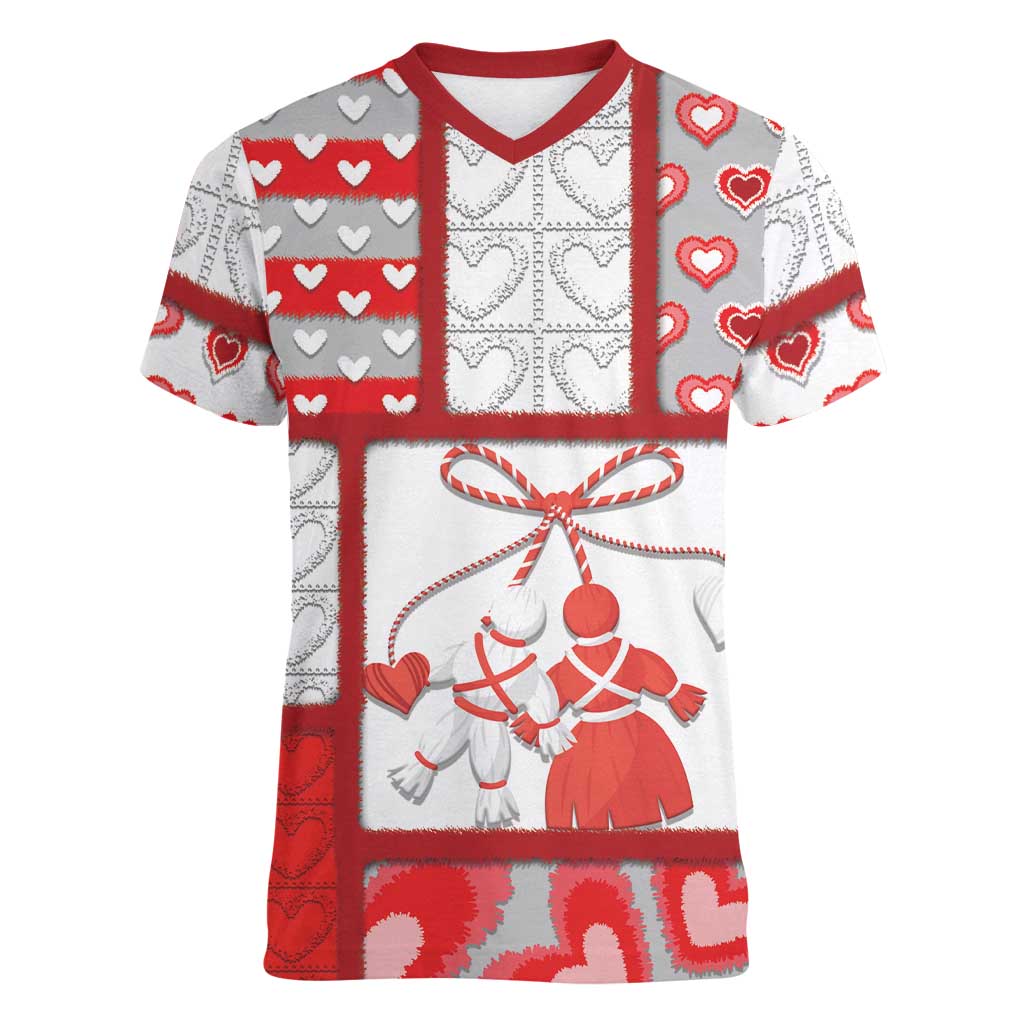 Personalized Romania Valentine's Day Women V-Neck T-Shirt Martenitsi With Hearts Knitting Effect