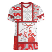 Personalized Romania Valentine's Day Women V-Neck T-Shirt Martenitsi With Hearts Knitting Effect