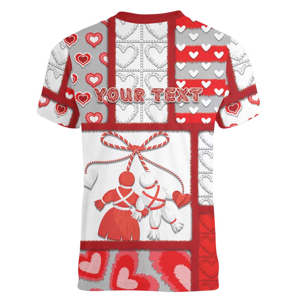 Personalized Romania Valentine's Day Women V-Neck T-Shirt Martenitsi With Hearts Knitting Effect
