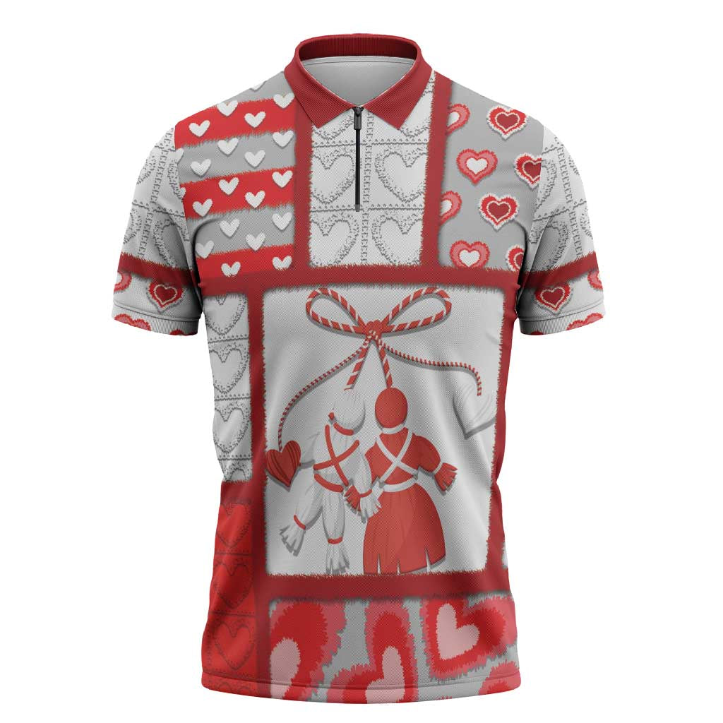 Personalized Romania Valentine's Day Zipper Polo Shirt Martenitsi With Hearts Knitting Effect