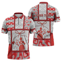 Personalized Romania Valentine's Day Zipper Polo Shirt Martenitsi With Hearts Knitting Effect