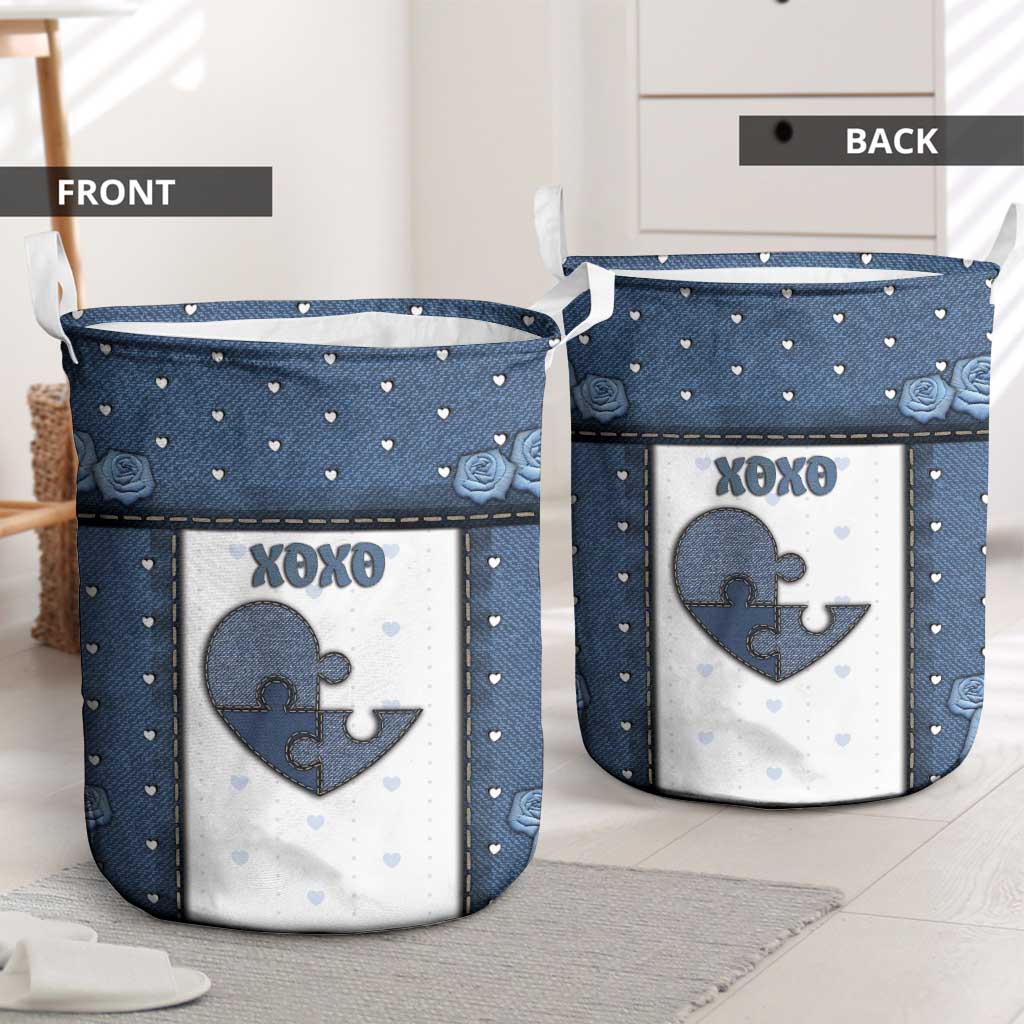 XOXO Valentine's Day Laundry Basket Pieces Of The Heart Old Denim Fabric Effect