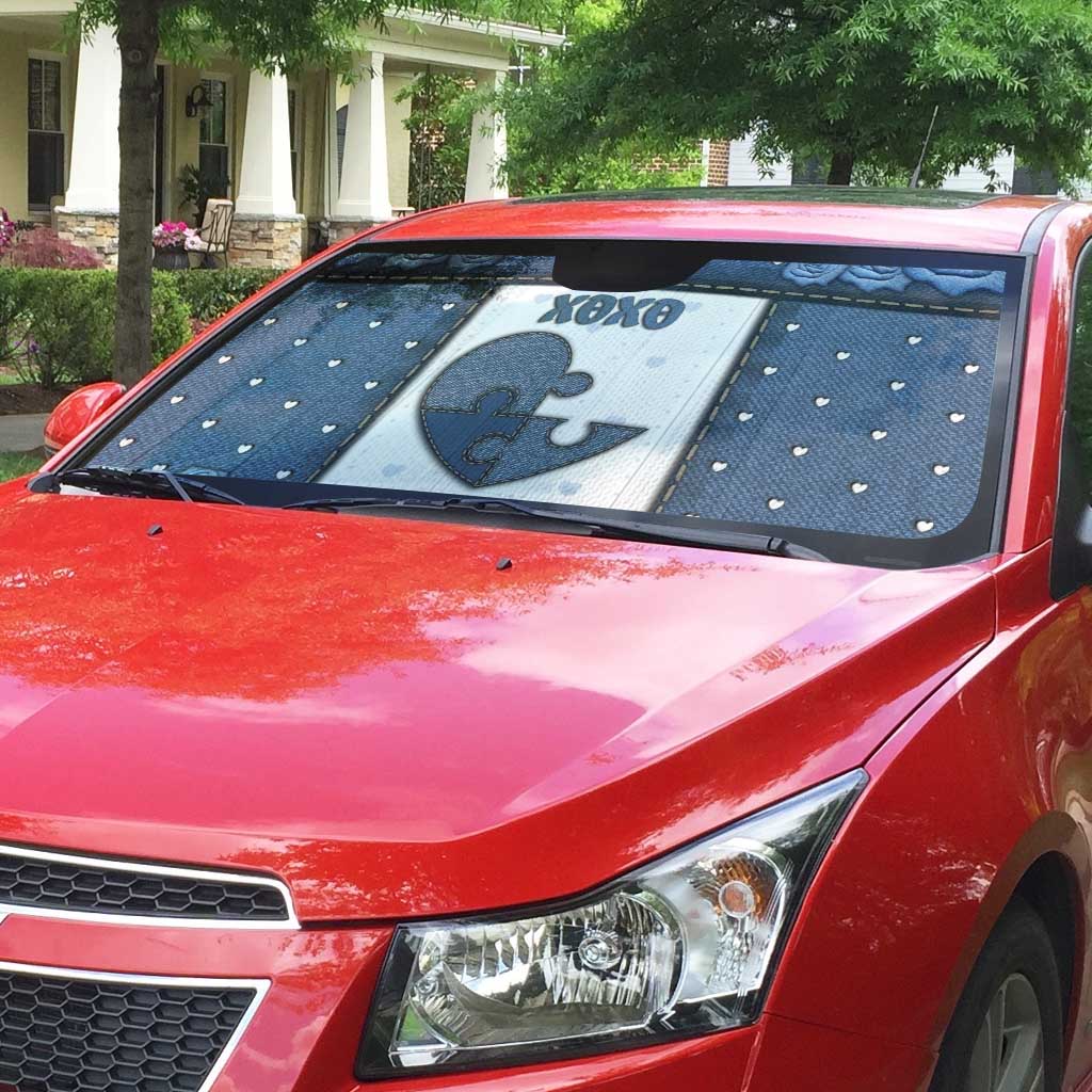 XOXO Valentine's Day Auto Sun Shade Pieces Of The Heart Old Denim Fabric Effect