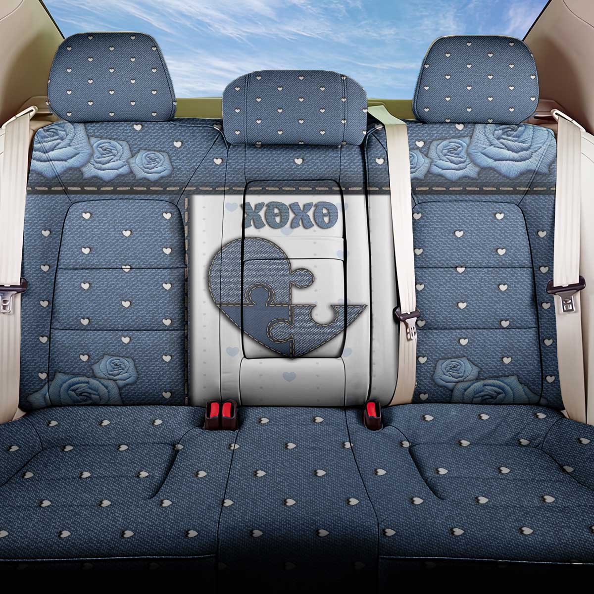 XOXO Valentine's Day Back Car Seat Cover Pieces Of The Heart Old Denim Fabric Effect