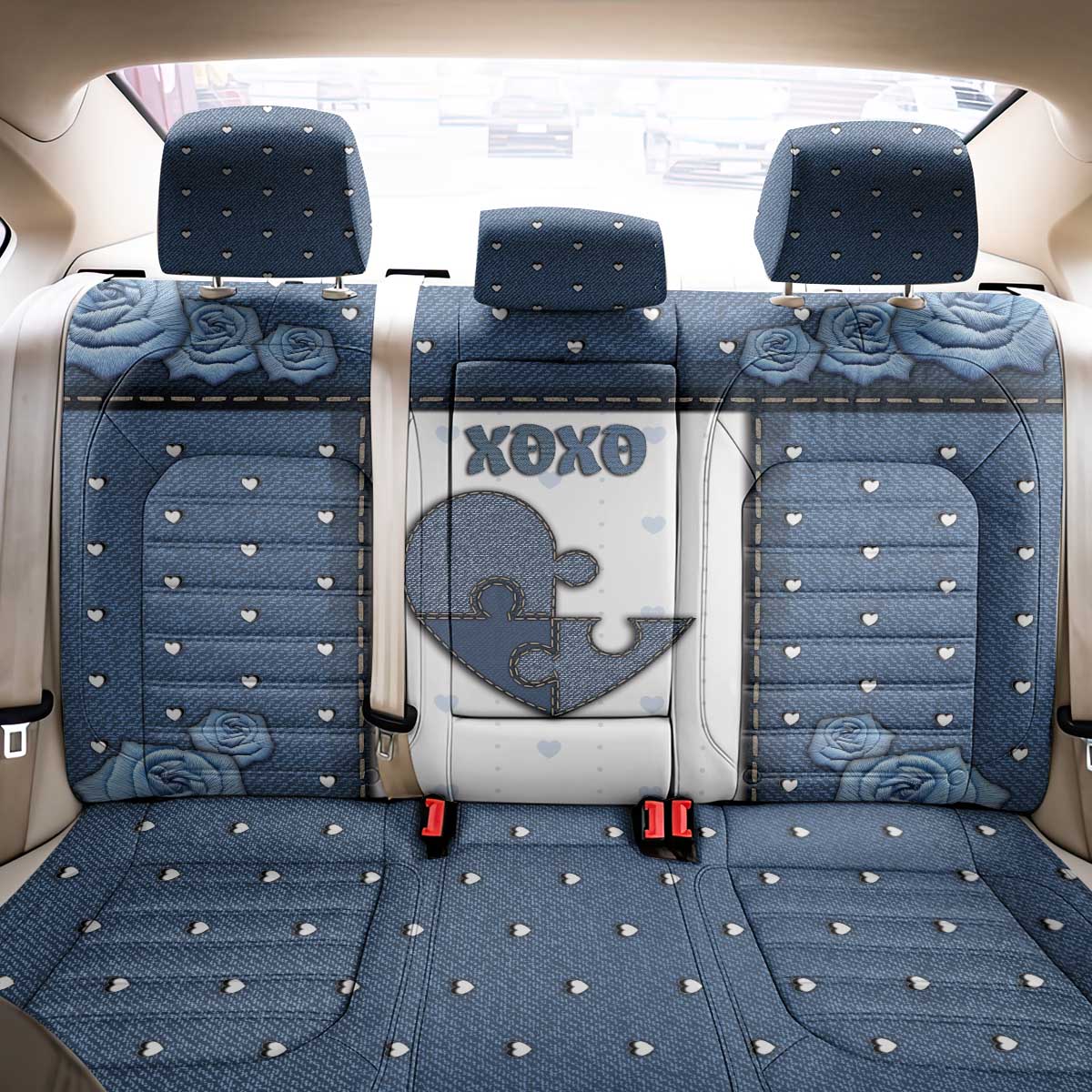 XOXO Valentine's Day Back Car Seat Cover Pieces Of The Heart Old Denim Fabric Effect