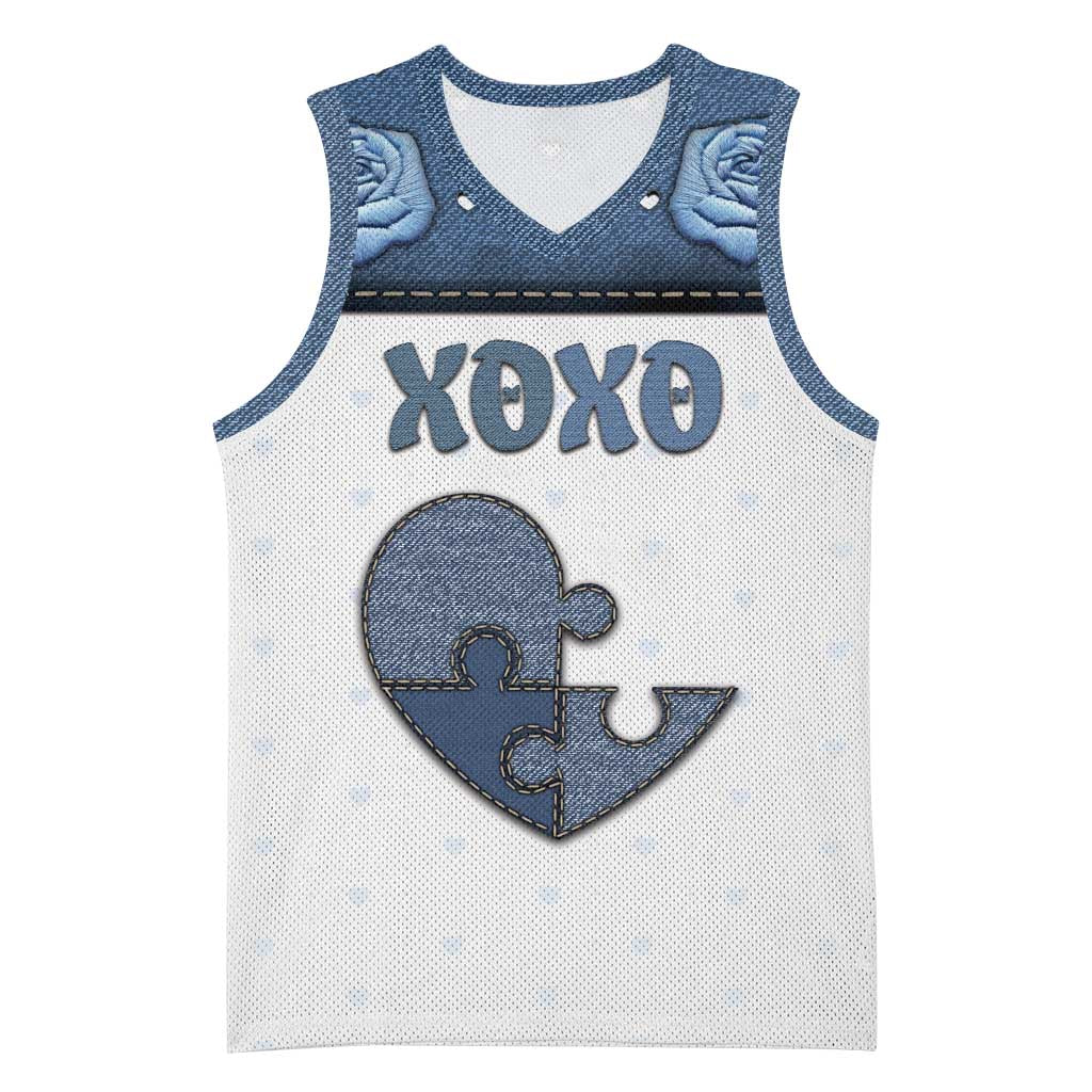 Personalized XOXO Valentine's Day Basketball Jersey Pieces Of The Heart Old Denim Fabric Effect
