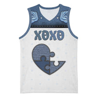 Personalized XOXO Valentine's Day Basketball Jersey Pieces Of The Heart Old Denim Fabric Effect