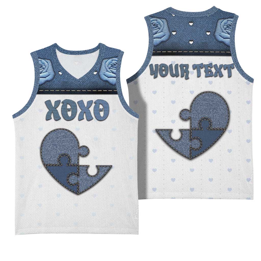 Personalized XOXO Valentine's Day Basketball Jersey Pieces Of The Heart Old Denim Fabric Effect