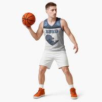 Personalized XOXO Valentine's Day Basketball Jersey Pieces Of The Heart Old Denim Fabric Effect