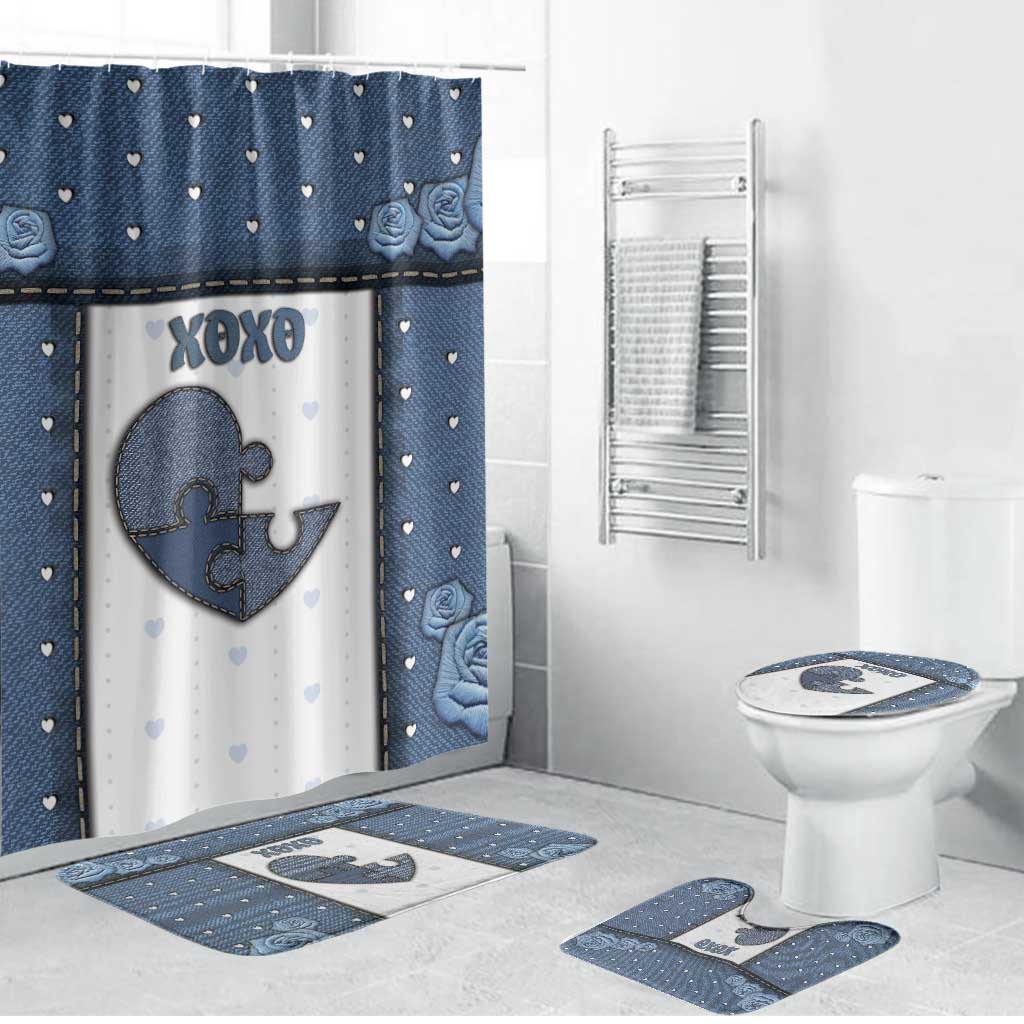 XOXO Valentine's Day Bathroom Set Pieces Of The Heart Old Denim Fabric Effect