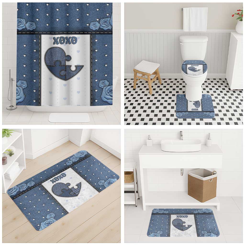 XOXO Valentine's Day Bathroom Set Pieces Of The Heart Old Denim Fabric Effect