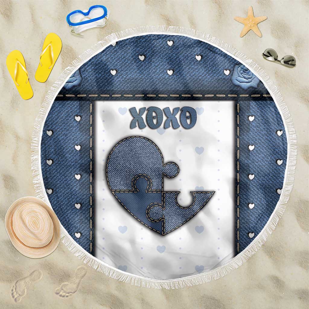 XOXO Valentine's Day Beach Blanket Pieces Of The Heart Old Denim Fabric Effect