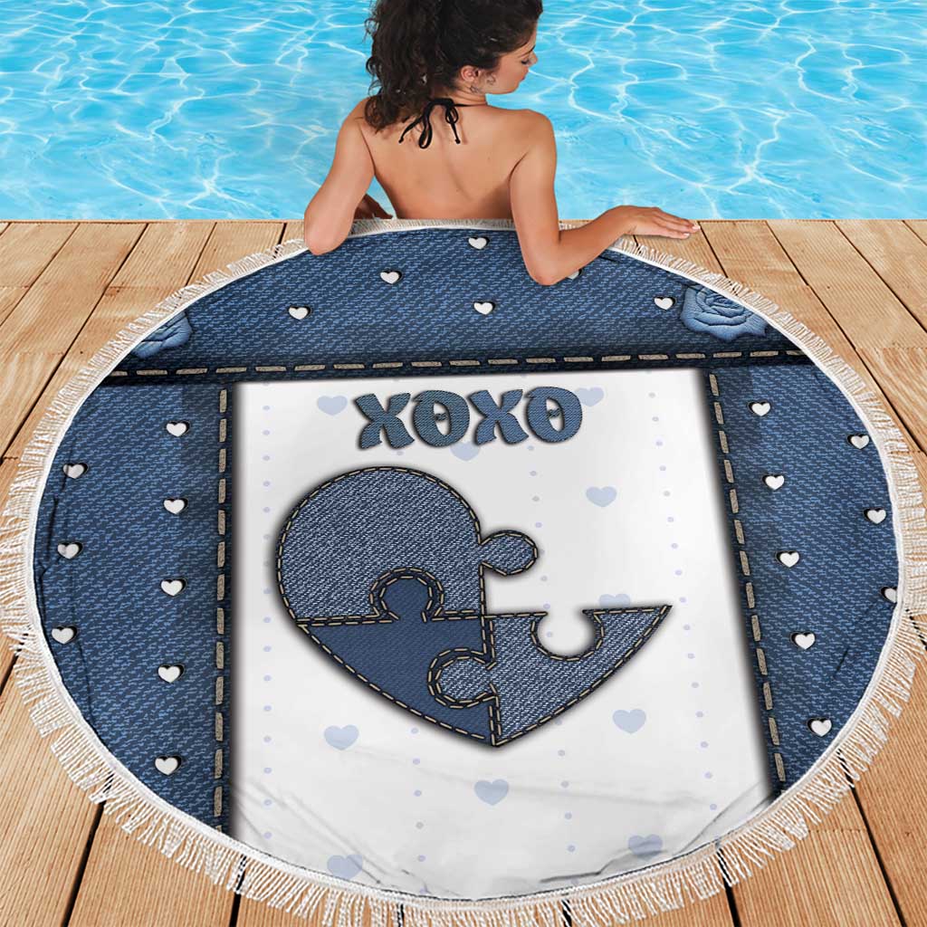 XOXO Valentine's Day Beach Blanket Pieces Of The Heart Old Denim Fabric Effect