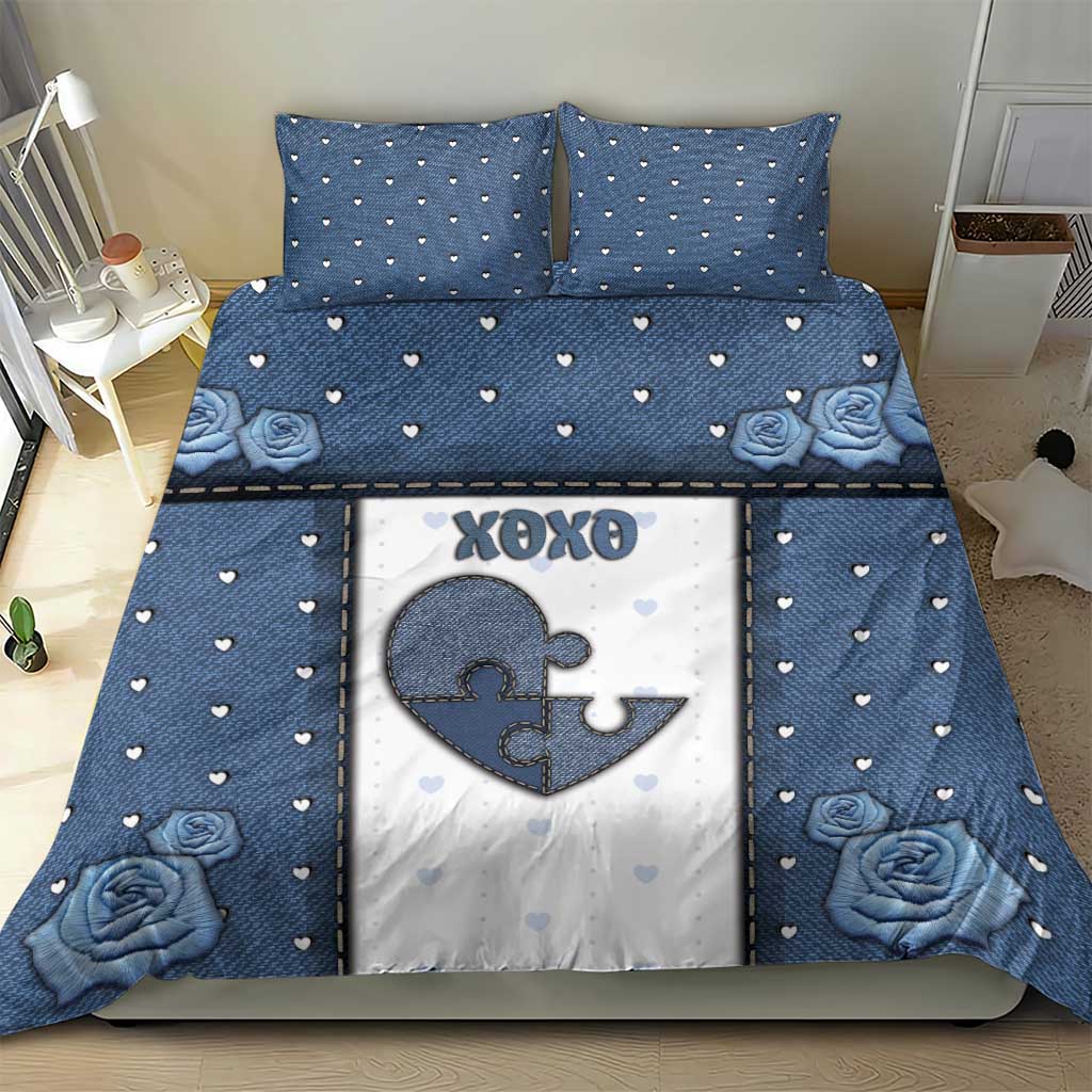 XOXO Valentine's Day Bedding Set Pieces Of The Heart Old Denim Fabric Effect