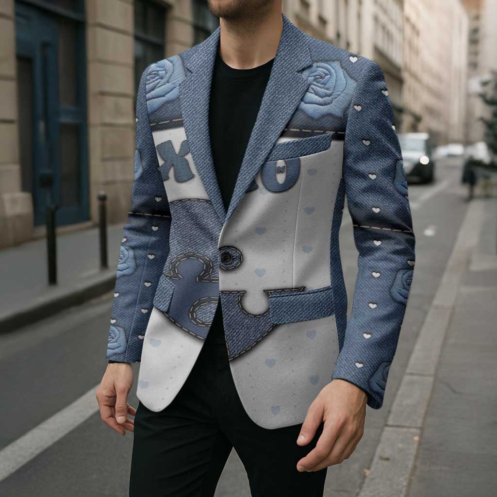 Personalized XOXO Valentine's Day Blazer Pieces Of The Heart Old Denim Fabric Effect