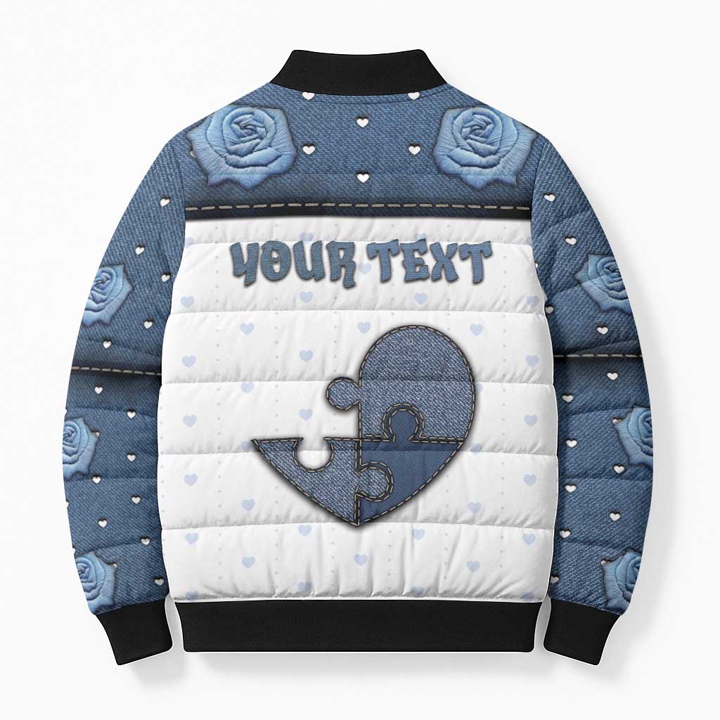 Personalized XOXO Valentine's Day Bomber Puffer Jacket Pieces Of The Heart Old Denim Fabric Effect