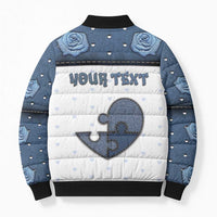 Personalized XOXO Valentine's Day Bomber Puffer Jacket Pieces Of The Heart Old Denim Fabric Effect