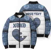 Personalized XOXO Valentine's Day Bomber Puffer Jacket Pieces Of The Heart Old Denim Fabric Effect