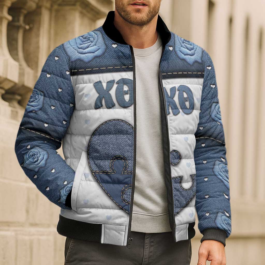 Personalized XOXO Valentine's Day Bomber Puffer Jacket Pieces Of The Heart Old Denim Fabric Effect