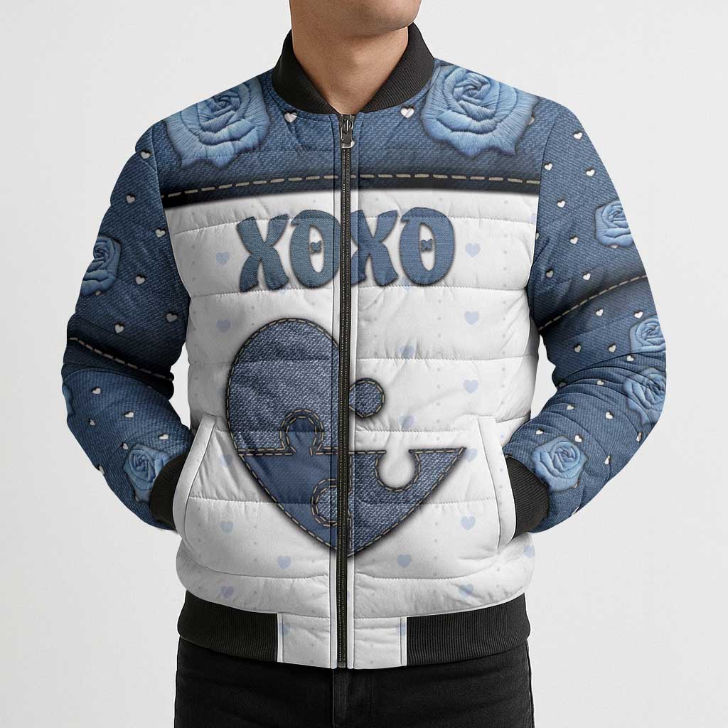 Personalized XOXO Valentine's Day Bomber Puffer Jacket Pieces Of The Heart Old Denim Fabric Effect