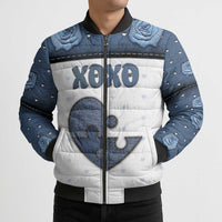 Personalized XOXO Valentine's Day Bomber Puffer Jacket Pieces Of The Heart Old Denim Fabric Effect