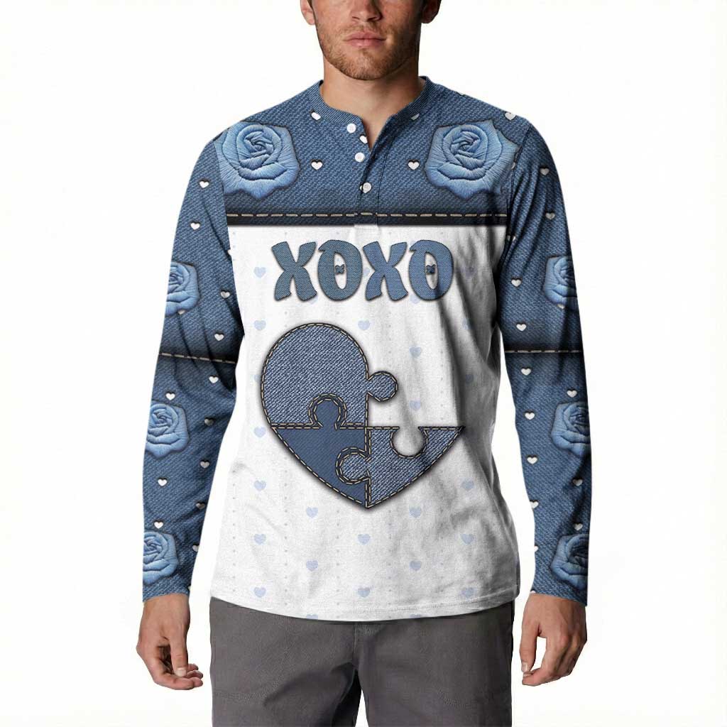 Personalized XOXO Valentine's Day Button Sweatshirt Pieces Of The Heart Old Denim Fabric Effect