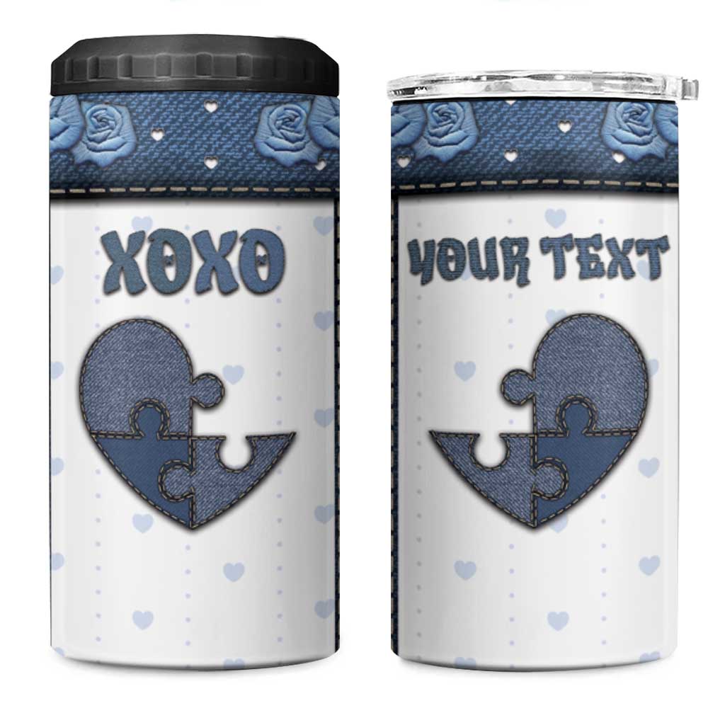 Personalized XOXO Valentine's Day 4 in 1 Can Cooler Tumbler Pieces Of The Heart Old Denim Fabric Effect