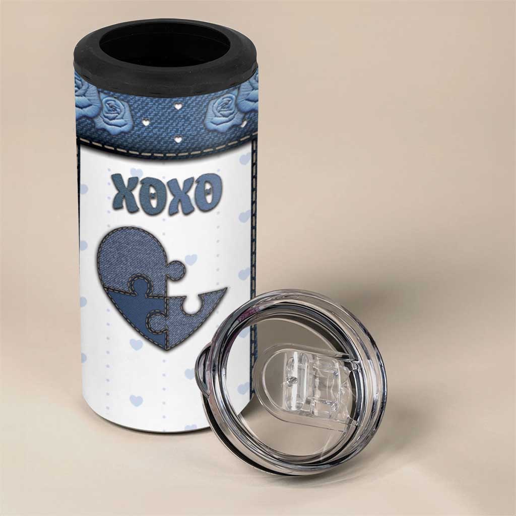 Personalized XOXO Valentine's Day 4 in 1 Can Cooler Tumbler Pieces Of The Heart Old Denim Fabric Effect