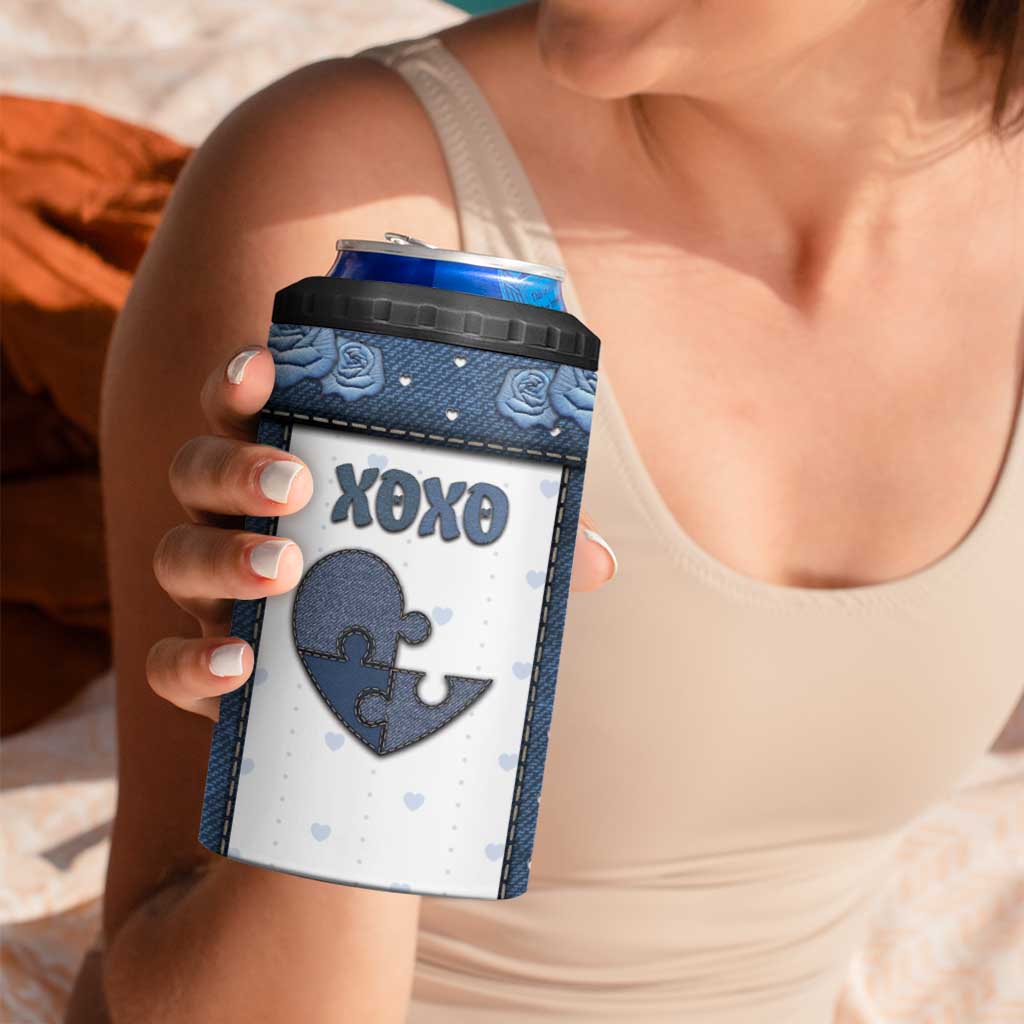Personalized XOXO Valentine's Day 4 in 1 Can Cooler Tumbler Pieces Of The Heart Old Denim Fabric Effect