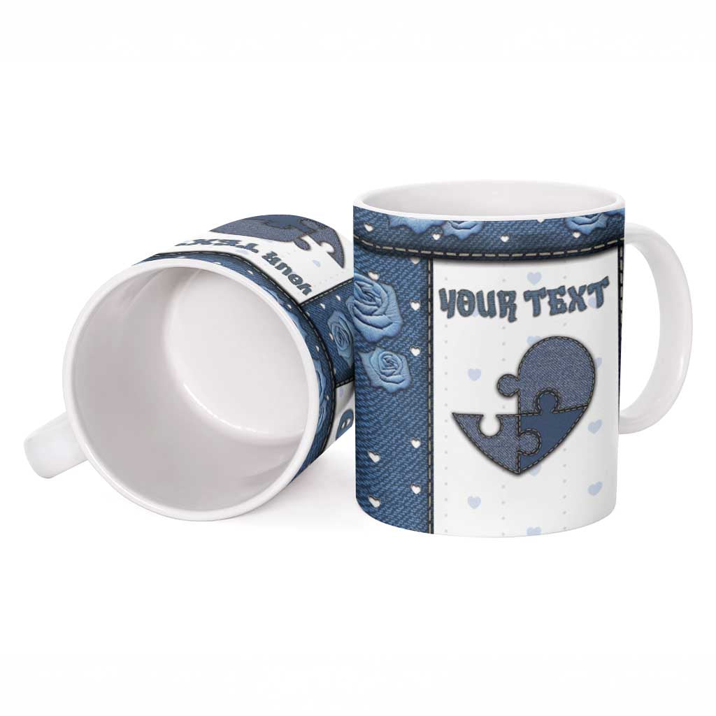 Personalized XOXO Valentine's Day Ceramic Mug Pieces Of The Heart Old Denim Fabric Effect