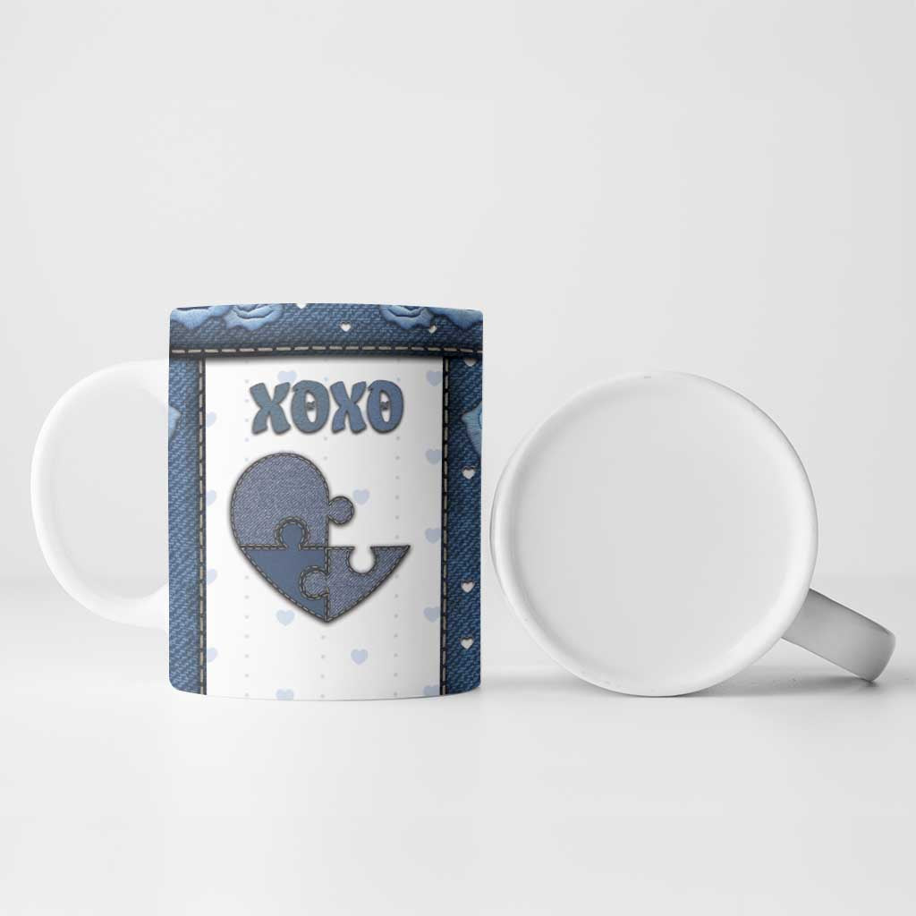 Personalized XOXO Valentine's Day Ceramic Mug Pieces Of The Heart Old Denim Fabric Effect