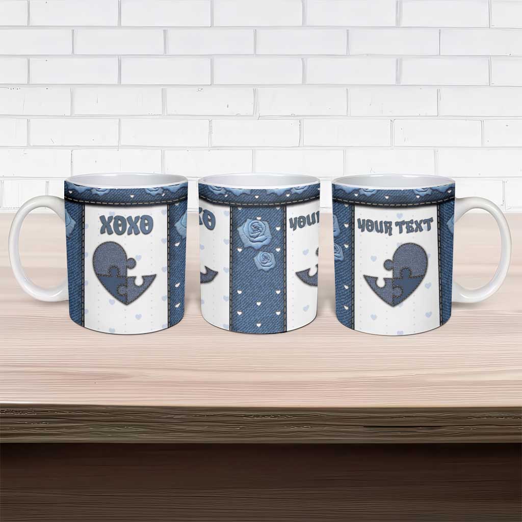 Personalized XOXO Valentine's Day Ceramic Mug Pieces Of The Heart Old Denim Fabric Effect