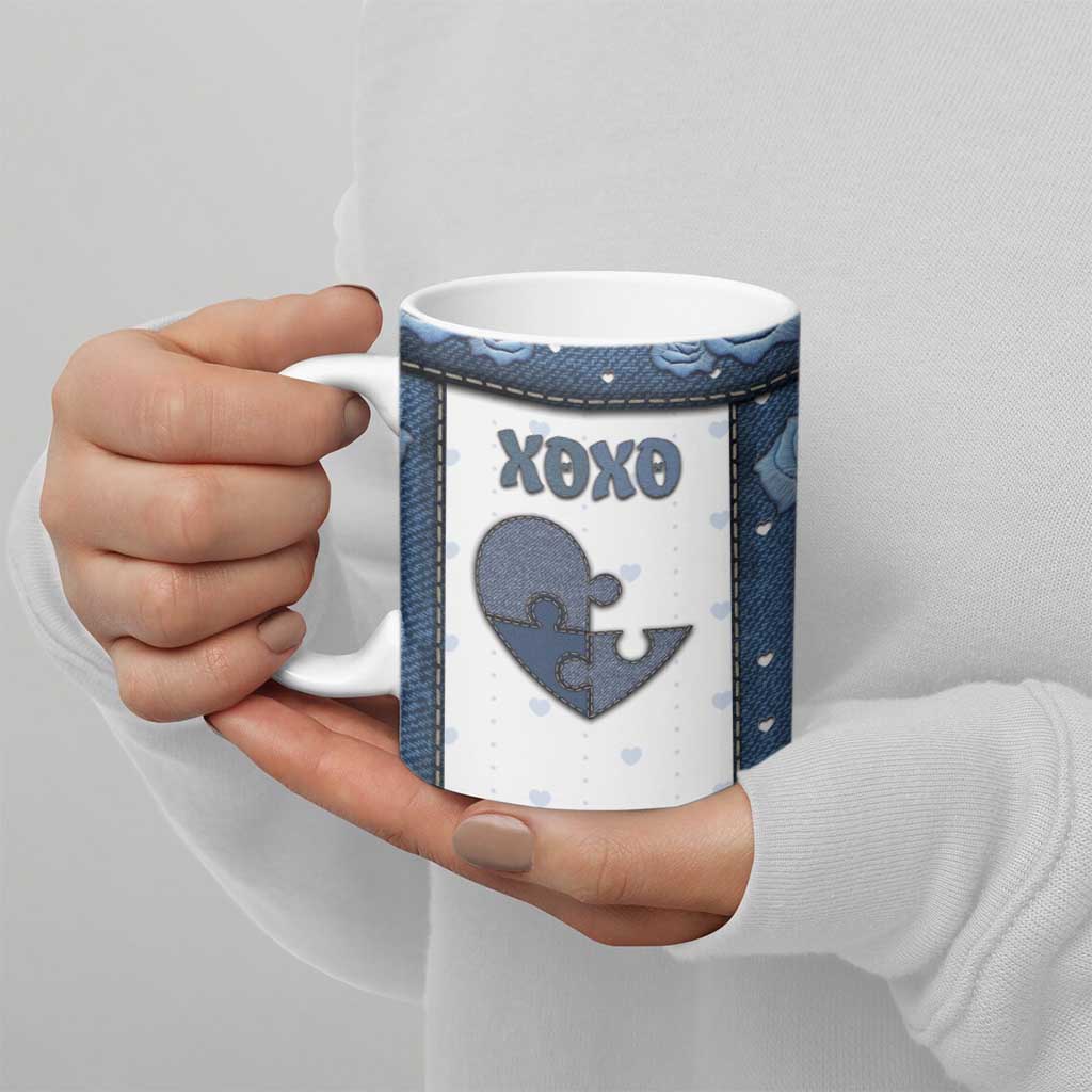 Personalized XOXO Valentine's Day Ceramic Mug Pieces Of The Heart Old Denim Fabric Effect