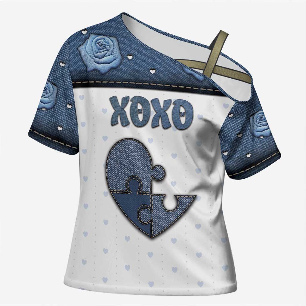Personalized XOXO Valentine's Day Cross Shoulder Shirt Pieces Of The Heart Old Denim Fabric Effect