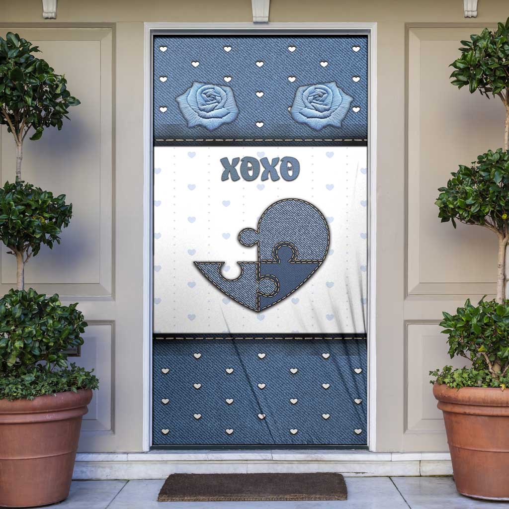 Personalized XOXO Valentine's Day Door Cover Pieces Of The Heart Old Denim Fabric Effect