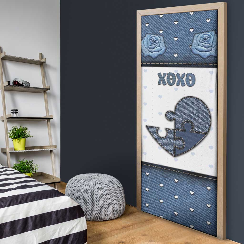 Personalized XOXO Valentine's Day Door Cover Pieces Of The Heart Old Denim Fabric Effect