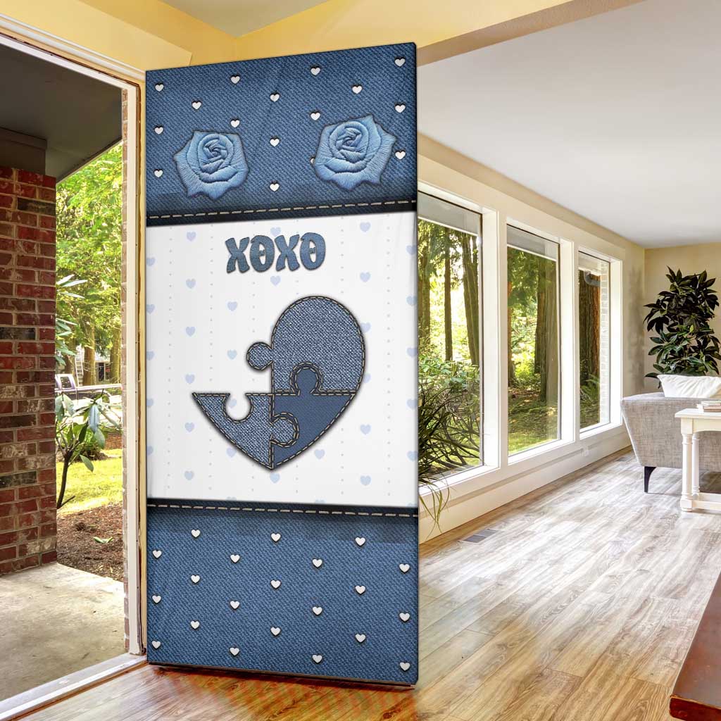 Personalized XOXO Valentine's Day Door Cover Pieces Of The Heart Old Denim Fabric Effect