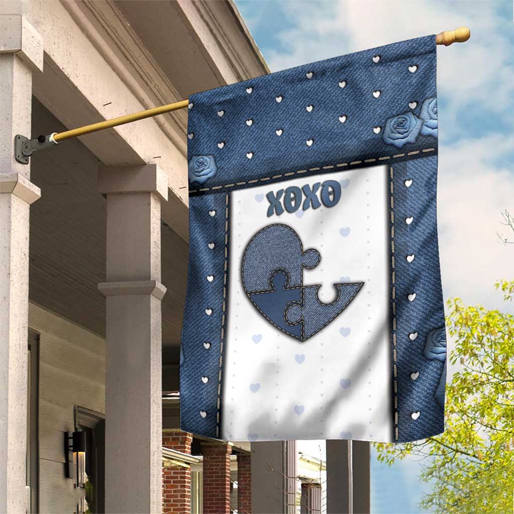 XOXO Valentine's Day Garden Flag Pieces Of The Heart Old Denim Fabric Effect