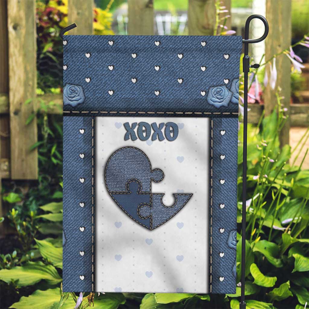 XOXO Valentine's Day Garden Flag Pieces Of The Heart Old Denim Fabric Effect