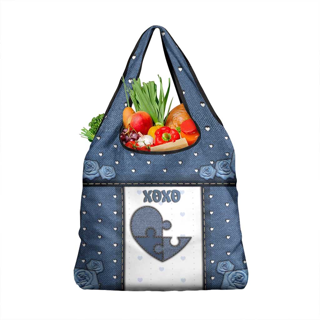 XOXO Valentine's Day Grocery Bag Pieces Of The Heart Old Denim Fabric Effect